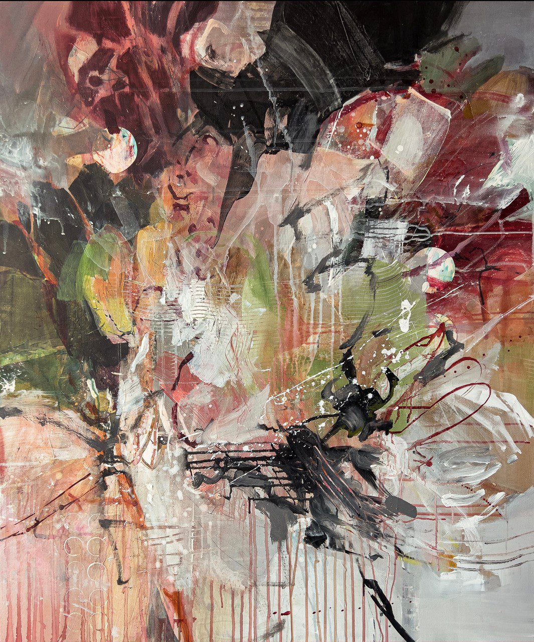 An abstract painting featuring soft pink and burgundy tones, with delicate flowers and botanical elements. The artwork has large brush strokes and dramatic lighting, conveyed through a mix of professional acrylic paints and oil pastels on canvas.