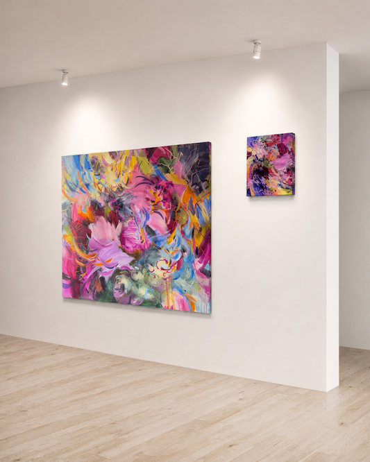 Large abstract painting The Pleasure of Remaining Open displayed on a white wall in a bright minimalist interior.
