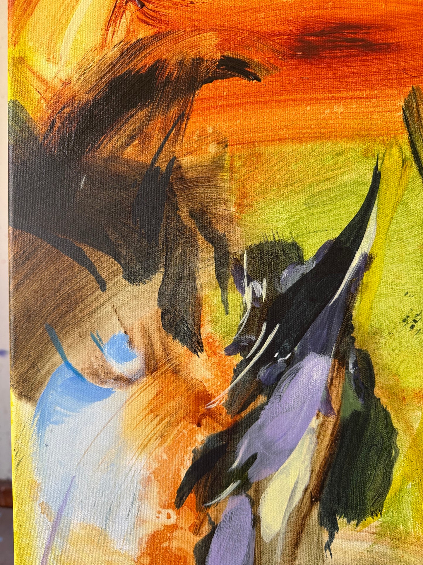 Detail of layered acrylic, oil pastel lines and sweeping colour in A Softness That Stays by Anna Rolskaya.