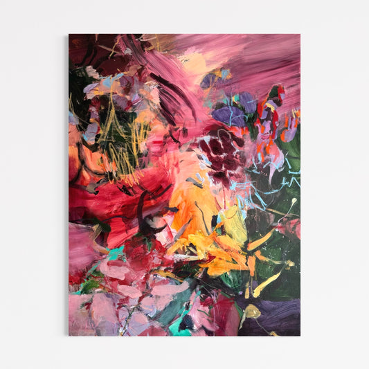Color Before Language by Anna Rolskaya, an abstract acrylic painting in magenta, red, violet, orange, turquoise and green. portrait orientation, vertical