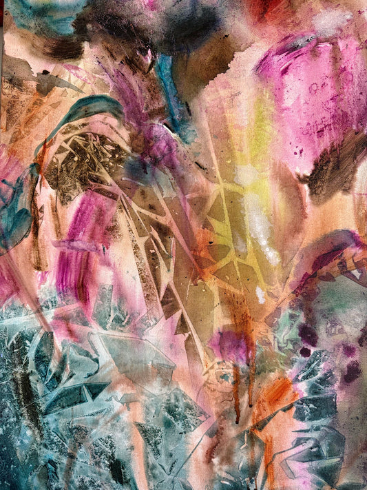 Detail of layered acrylic, oil pastel marks and translucent pink, green and violet colour in Held Without Resolving.