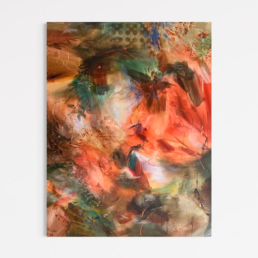 Portrait view of Hunger for Immersion by Anna Rolskaya, an abstract mixed-media painting in coral, green, turquoise and earthy tones.
