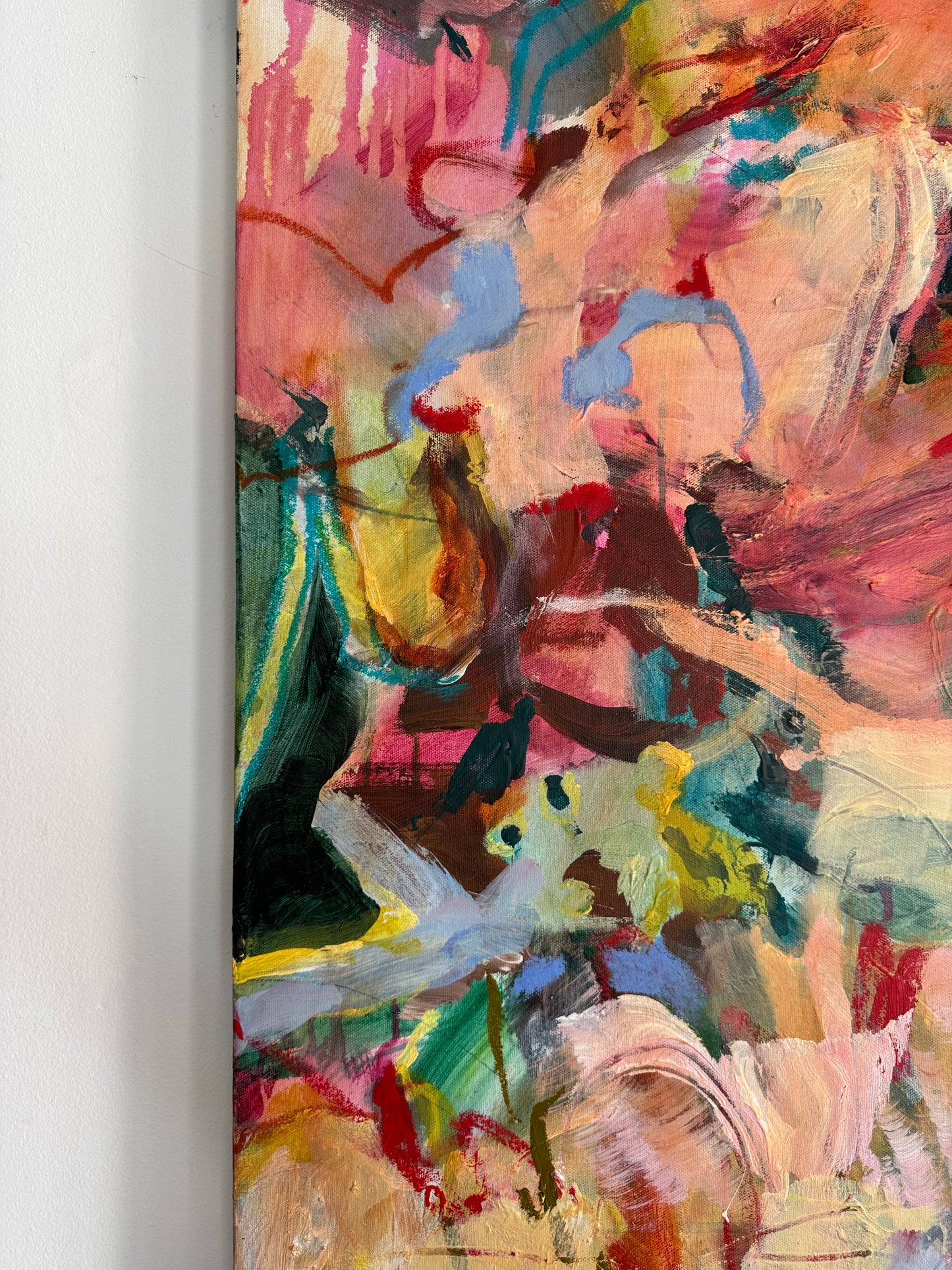 Detail of layered brushwork, drawn marks and overlapping colour in Structure of Care by Anna Rolskaya.