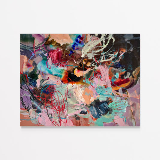 Landscape view of Suspended in Possibility by Anna Rolskaya, an abstract painting in turquoise, pink, burgundy and charcoal.