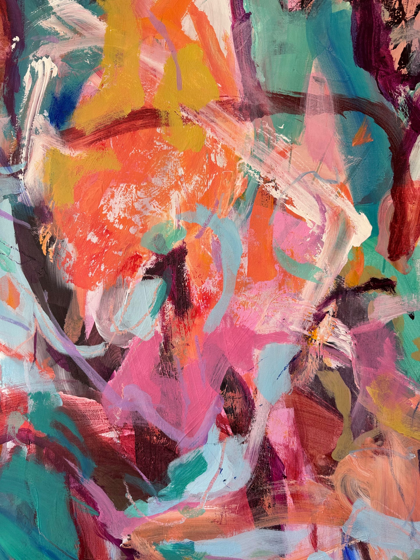 Detail of layered acrylic, oil pastel lines and overlapping colour in The Day We Forgot the Rules by Anna Rolskaya.