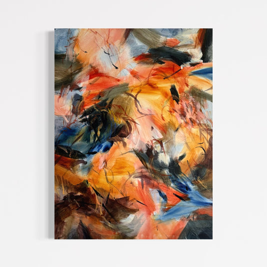 Vertical view of This Is How I Feel In Color 03 by Anna Rolskaya, an abstract painting in orange, coral, blue, olive and black.