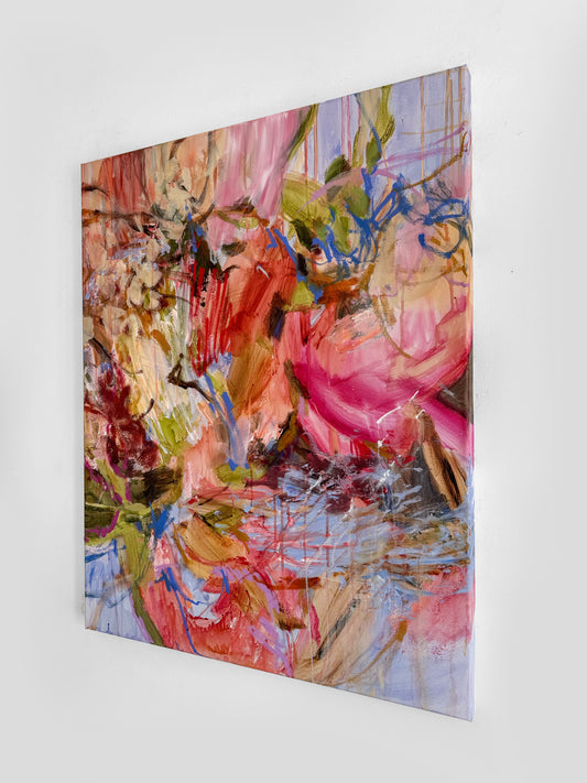 To Live Inside Color by Anna Rolskaya, an abstract acrylic and oil pastel painting in coral, pink, blue, olive and violet.