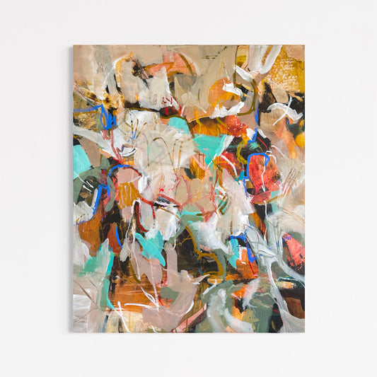 Touch Me Like Spring by Anna Rolskaya, an abstract painting in ochre, turquoise, orange, blue, cream and coral.