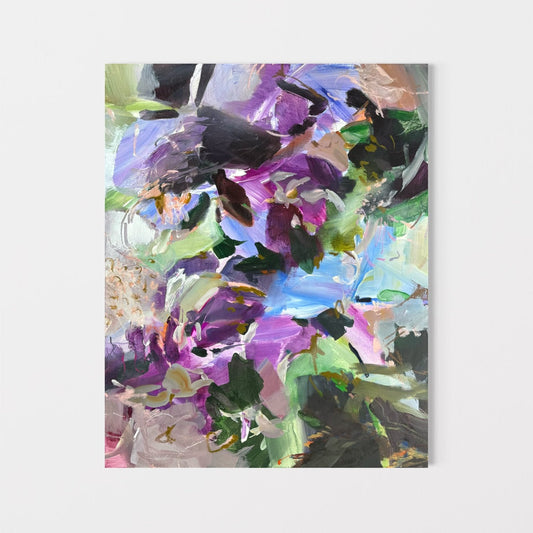 Portrait view of Unnamed Season by Anna Rolskaya, an abstract painting in violet, pale blue, mint, green and charcoal.