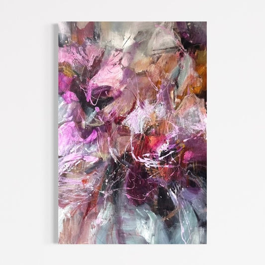 Vivid Memories by Anna Rolskaya, a large abstract painting in pink, burgundy, plum, grey and muted apricot.