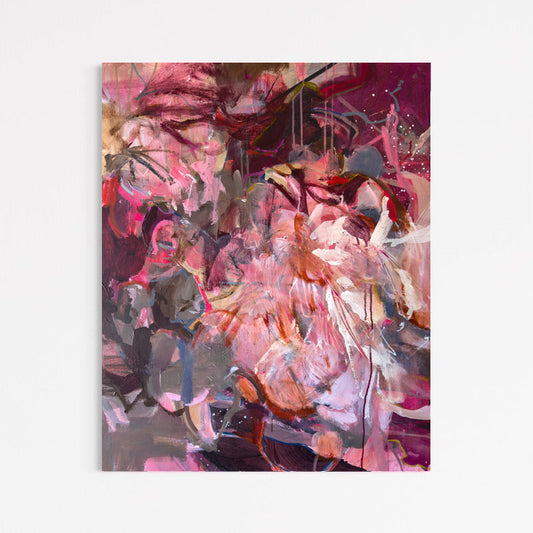 What If We Bloomed Forever? by Anna Rolskaya, an abstract acrylic painting in pink, burgundy, coral, grey and cream. Vertical orientation
