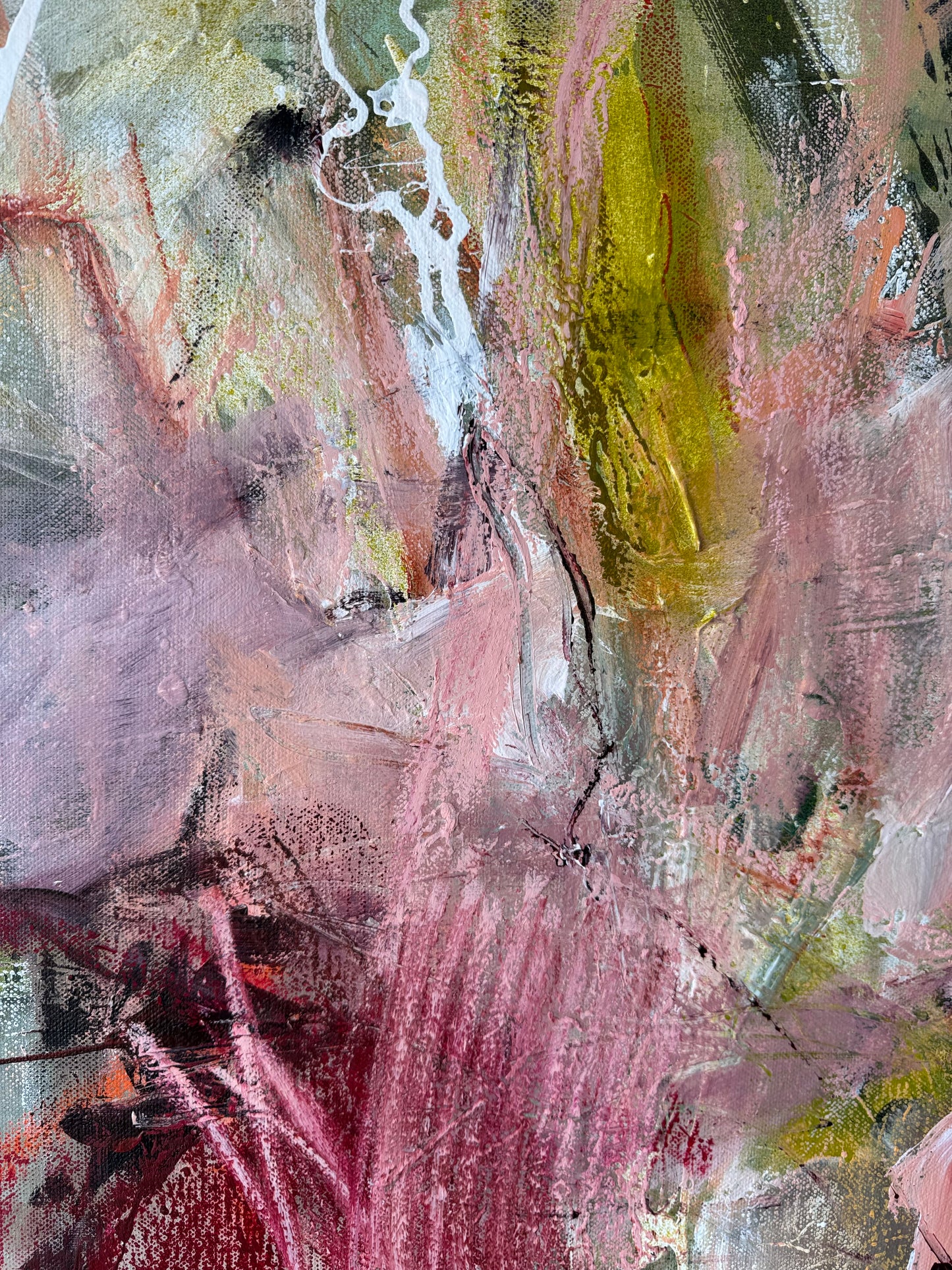 Detail of layered acrylic, oil pastel lines and expressive marks in When Light Meets Soul by Anna Rolskaya.