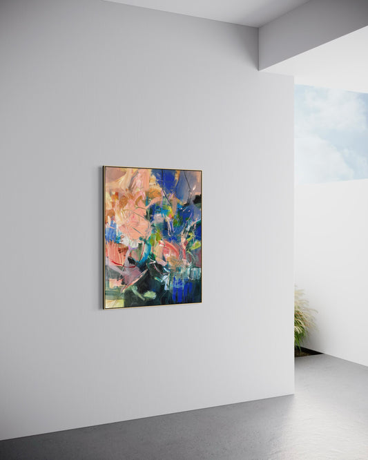 Whispers in Motion by Anna Rolskaya displayed in a contemporary interior to show the painting’s scale.
