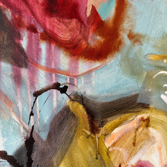 Abstract painting with a mix of red, yellow, and blue colors.