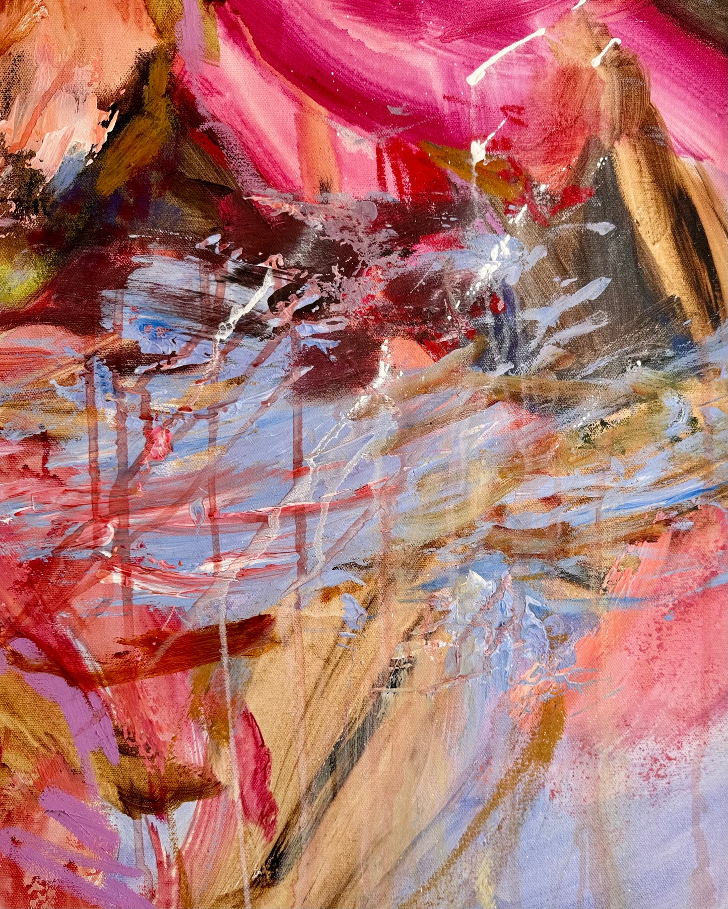 Detail of layered brushwork, oil pastel lines and overlapping colour in To Live Inside Color by Anna Rolskaya.