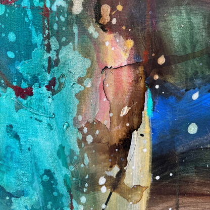 Abstract painting with splashes of blue, red, and brown on a textured surface.