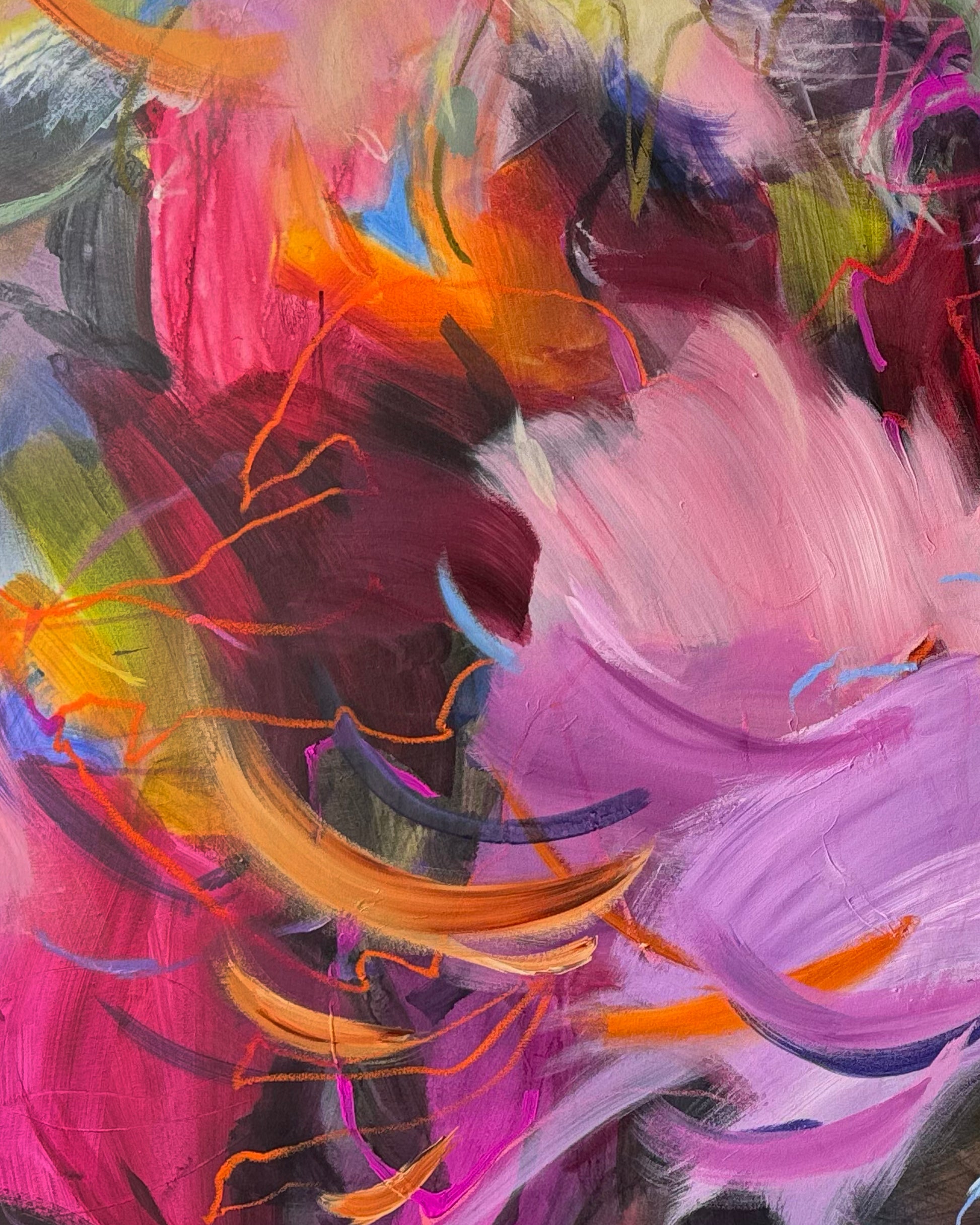 Detail of The Pleasure of Remaining Open with layered pink, burgundy, and orange brushwork and fine oil pastel lines.
