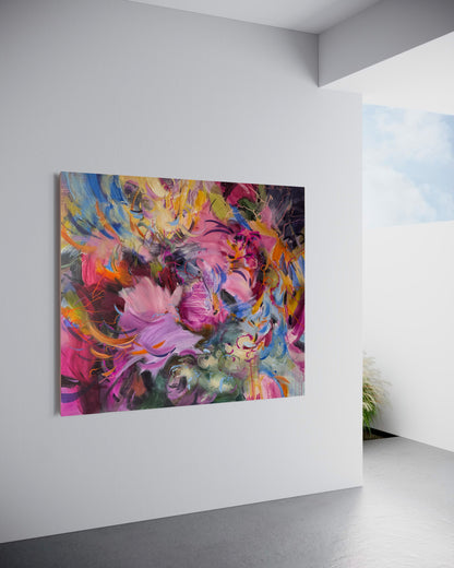 Large abstract painting The Pleasure of Remaining Open displayed on a white wall in a bright minimalist interior.
