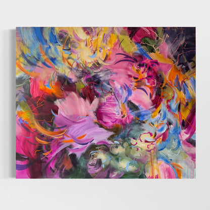 Large abstract painting The Pleasure of Remaining Open by Anna Rolskaya in pink, orange, blue, green, and burgundy.
