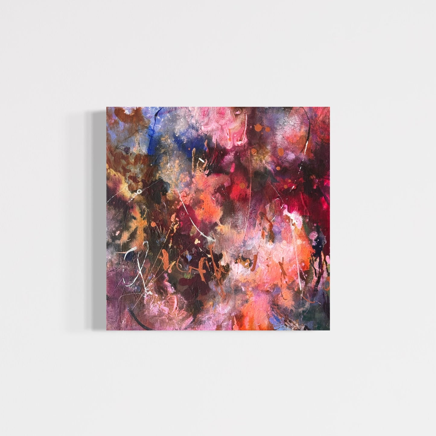 Square original abstract acrylic and oil pastel painting on canvas by Anna Rolskaya, with layered gestural marks in pink, red, purple, blue and orange.