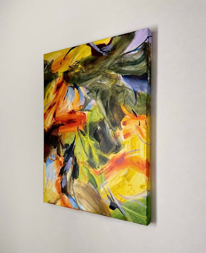A Softness That Stays by Anna Rolskaya, an abstract painting in yellow, orange, olive green, indigo and charcoal.