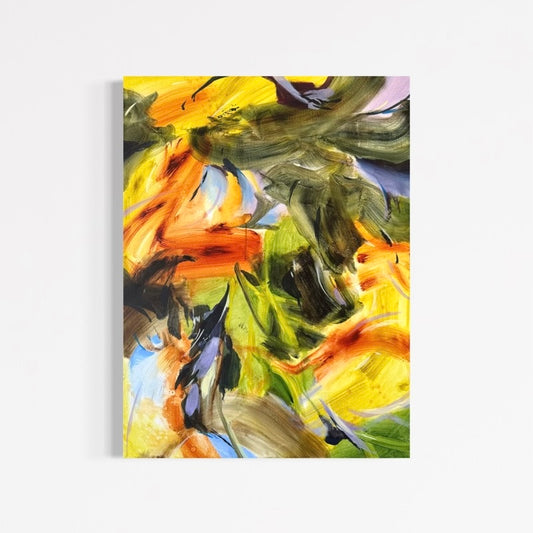 A Softness That Stays by Anna Rolskaya, an abstract painting in yellow, orange, olive green, indigo and charcoal.