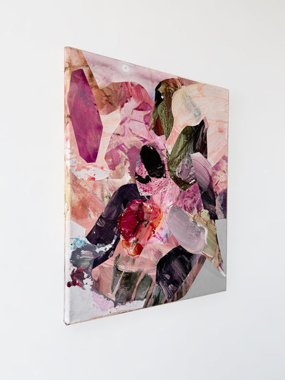 Angled view of A Trace of Heart, showing layered pink and dark organic shapes, painted textures and the left edge of the canvas.