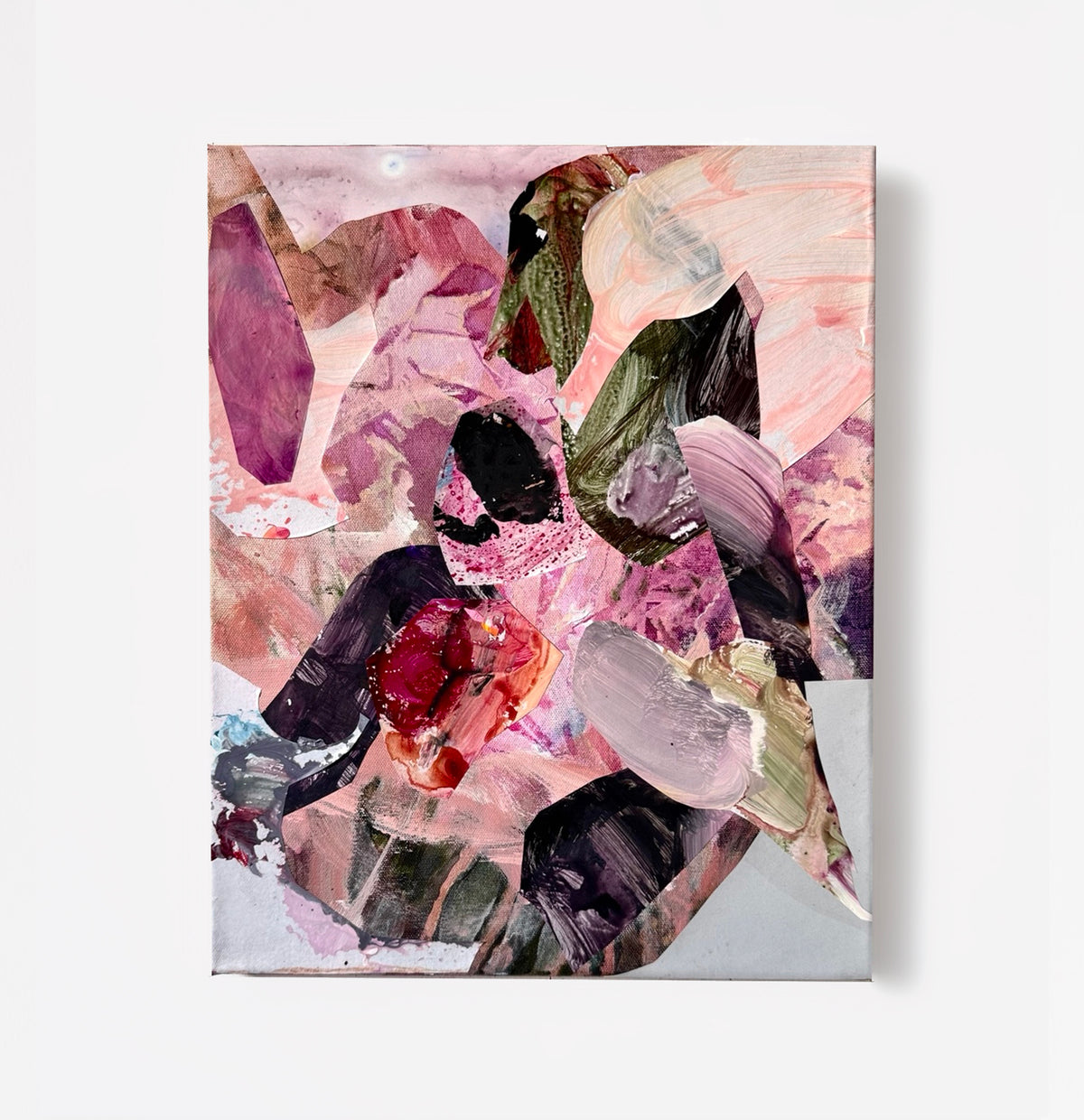 A Trace of Heart by Anna Rolskaya, an abstract collage on canvas in blush pink, mauve, olive green and deep plum, with a vivid red accent.
