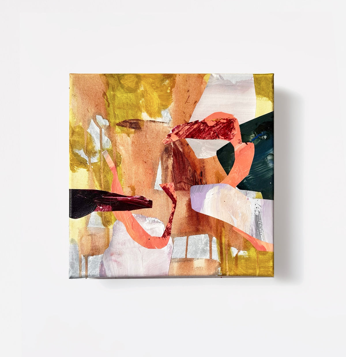 A Vein of Light, a square collage on canvas with ochre, peach and coral shapes, pale lavender fragments and dark teal accents.