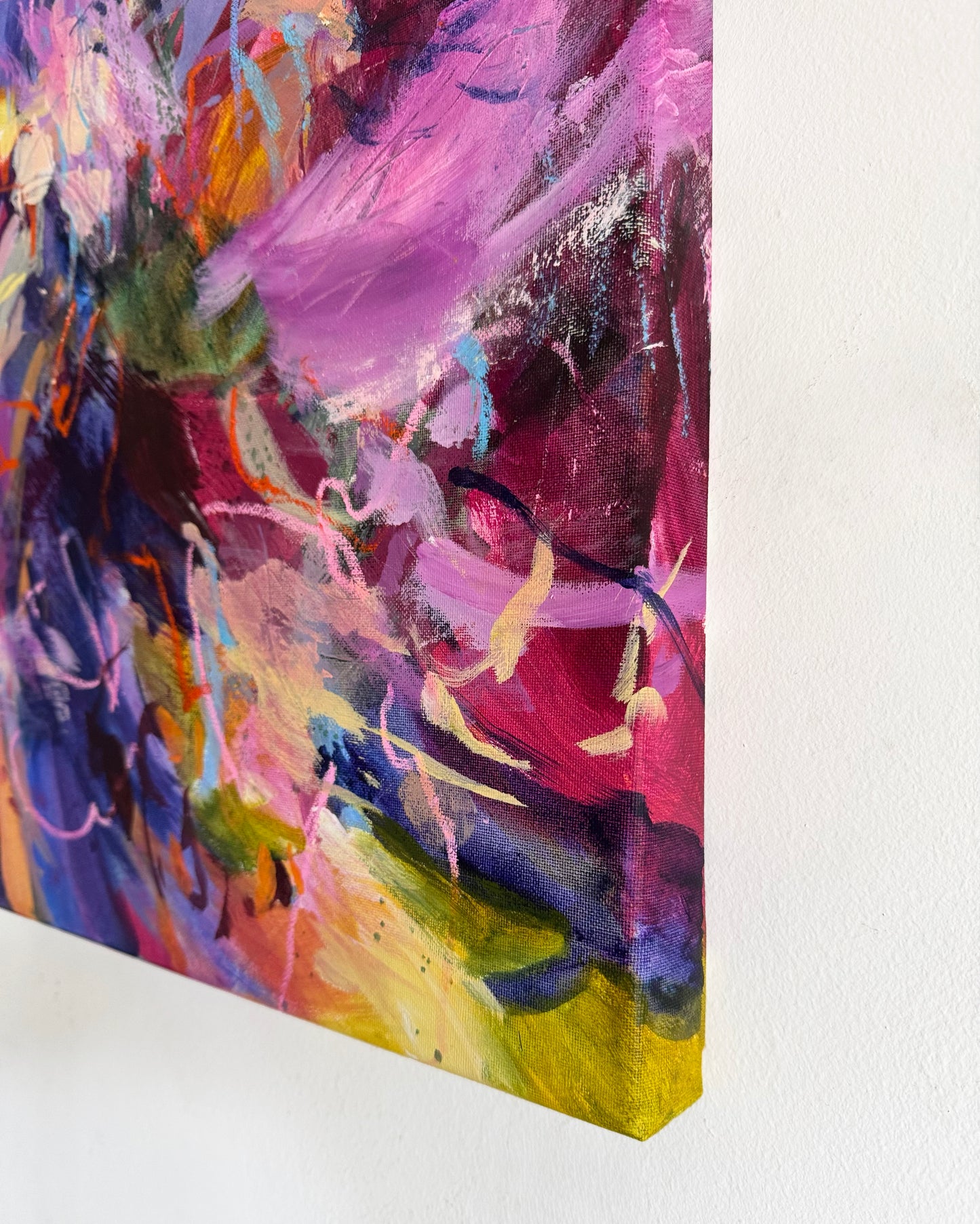 Close-up of A Yes to All of It by Anna Rolskaya showing layered brushwork, oil pastel marks and painted canvas edges.