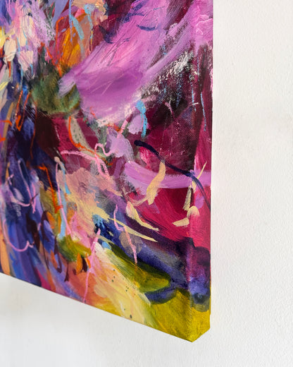 Close-up of A Yes to All of It by Anna Rolskaya showing layered brushwork, oil pastel marks and painted canvas edges.