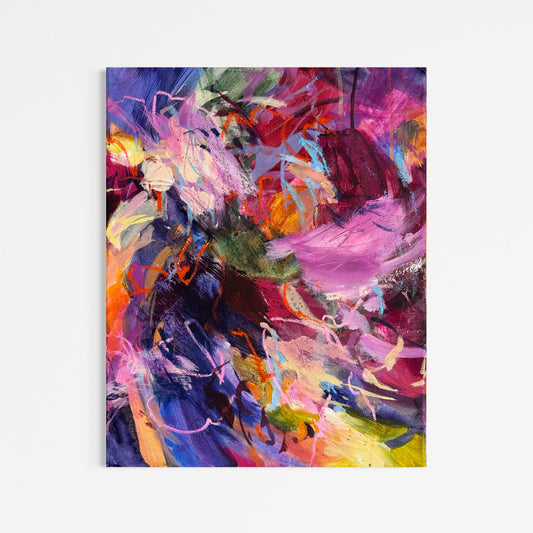 A Yes to All of It by Anna Rolskaya, an abstract painting in magenta, violet, blue, orange, green and pink.