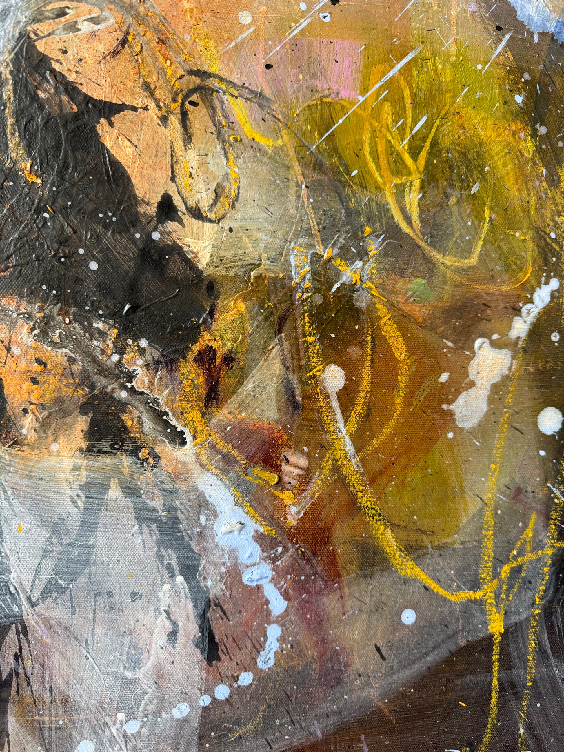 Detail of layered acrylic, oil pastel lines, and translucent green-gold color, yellow oil pastel marks, drips, and splashes in Apple Garden by Anna Rolskaya.