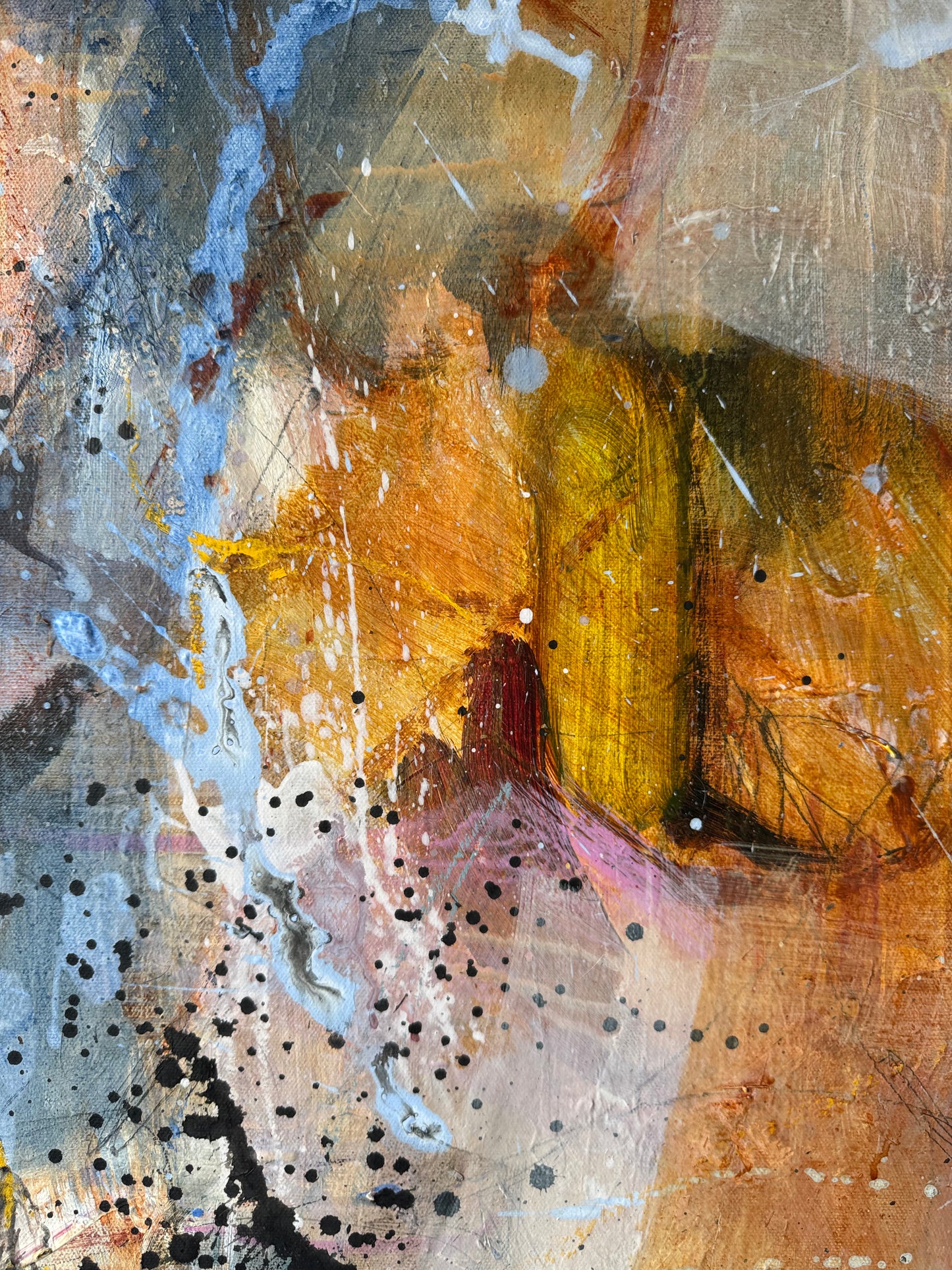 Detail of layered acrylic, oil pastel lines and translucent colour green gold, yellow oil pastel marks drips and splashes in Apple Garden by Anna Rolskaya.