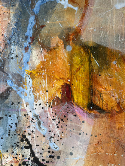 Detail of layered acrylic, oil pastel lines and translucent colour green gold, yellow oil pastel marks drips and splashes in Apple Garden by Anna Rolskaya.
