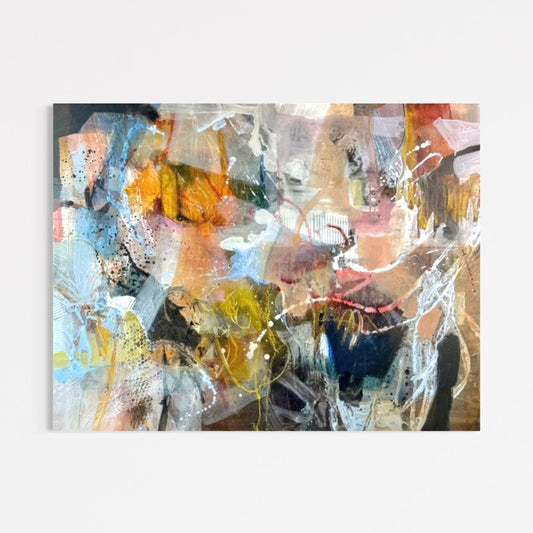 Detail of layered acrylic, oil pastel lines, scattered dots and translucent colour in pale blue, ochre, coral, olive green and navy in Apple Garden by Anna Rolskaya