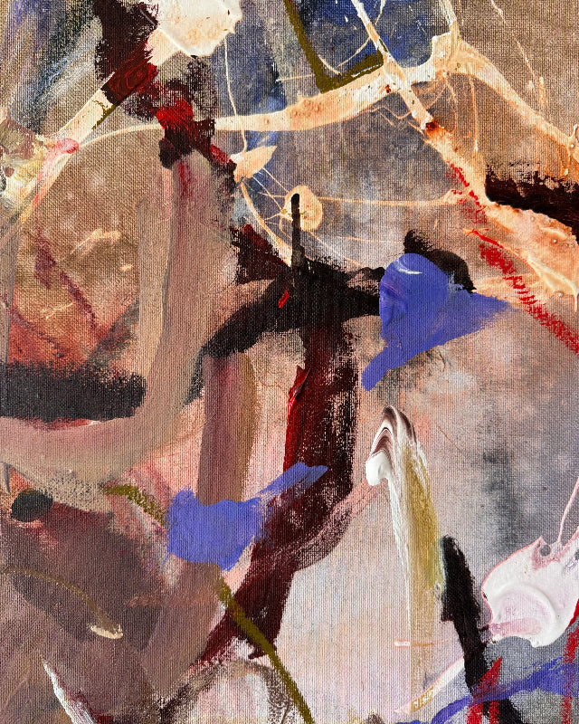 Detail of layered acrylic, oil pastel lines and fragmented organic forms in Before the Flowers Fade by Anna Rolskaya.