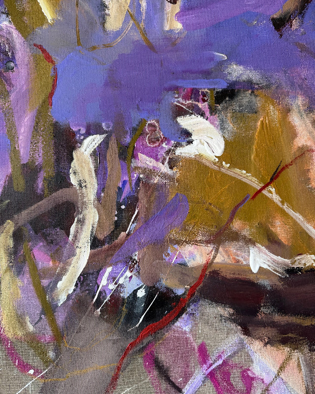 Detail of layered acrylic, oil pastel lines and fragmented organic forms in Before the Flowers Fade by Anna Rolskaya.