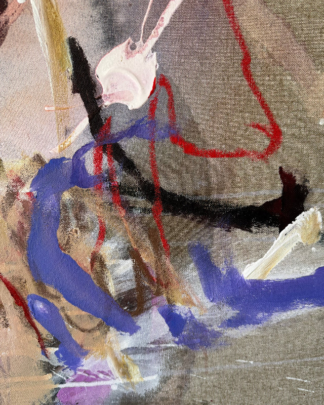 Detail of layered acrylic, oil pastel lines and fragmented organic forms in Before the Flowers Fade by Anna Rolskaya.