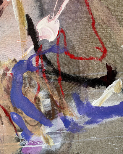 Detail of layered acrylic, oil pastel lines and fragmented organic forms in Before the Flowers Fade by Anna Rolskaya.