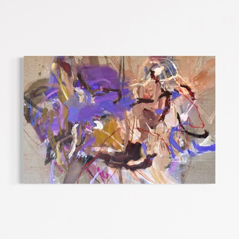 Before the Flowers Fade by Anna Rolskaya, an abstract painting in violet, ochre, blush, pale blue and burgundy.