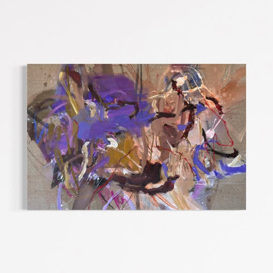 Before the Flowers Fade by Anna Rolskaya, an abstract painting in violet, ochre, blush, pale blue and burgundy.