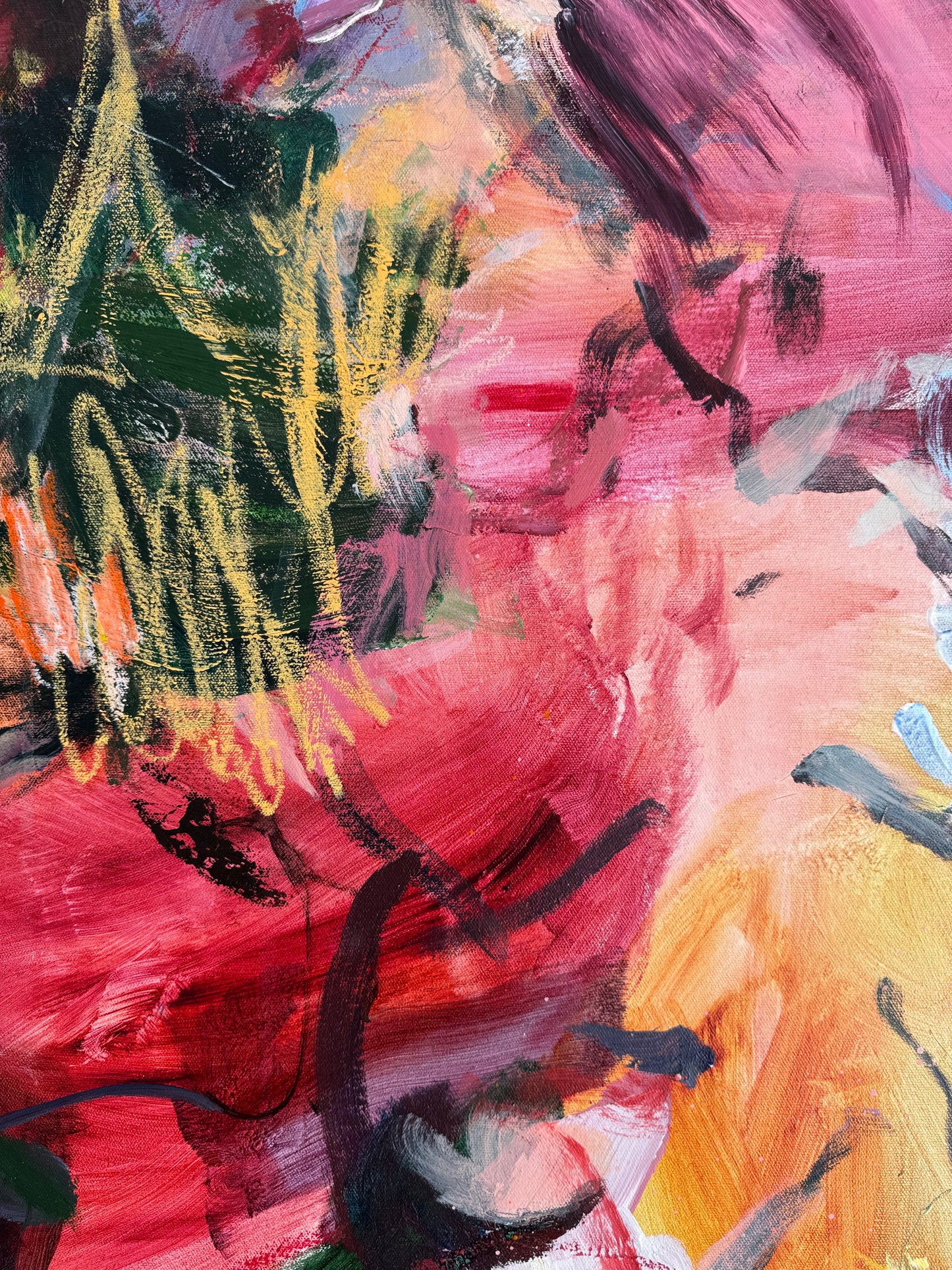 Detail of layered acrylic brushwork, drawn lines and overlapping colour in Color Before Language by Anna Rolskaya.