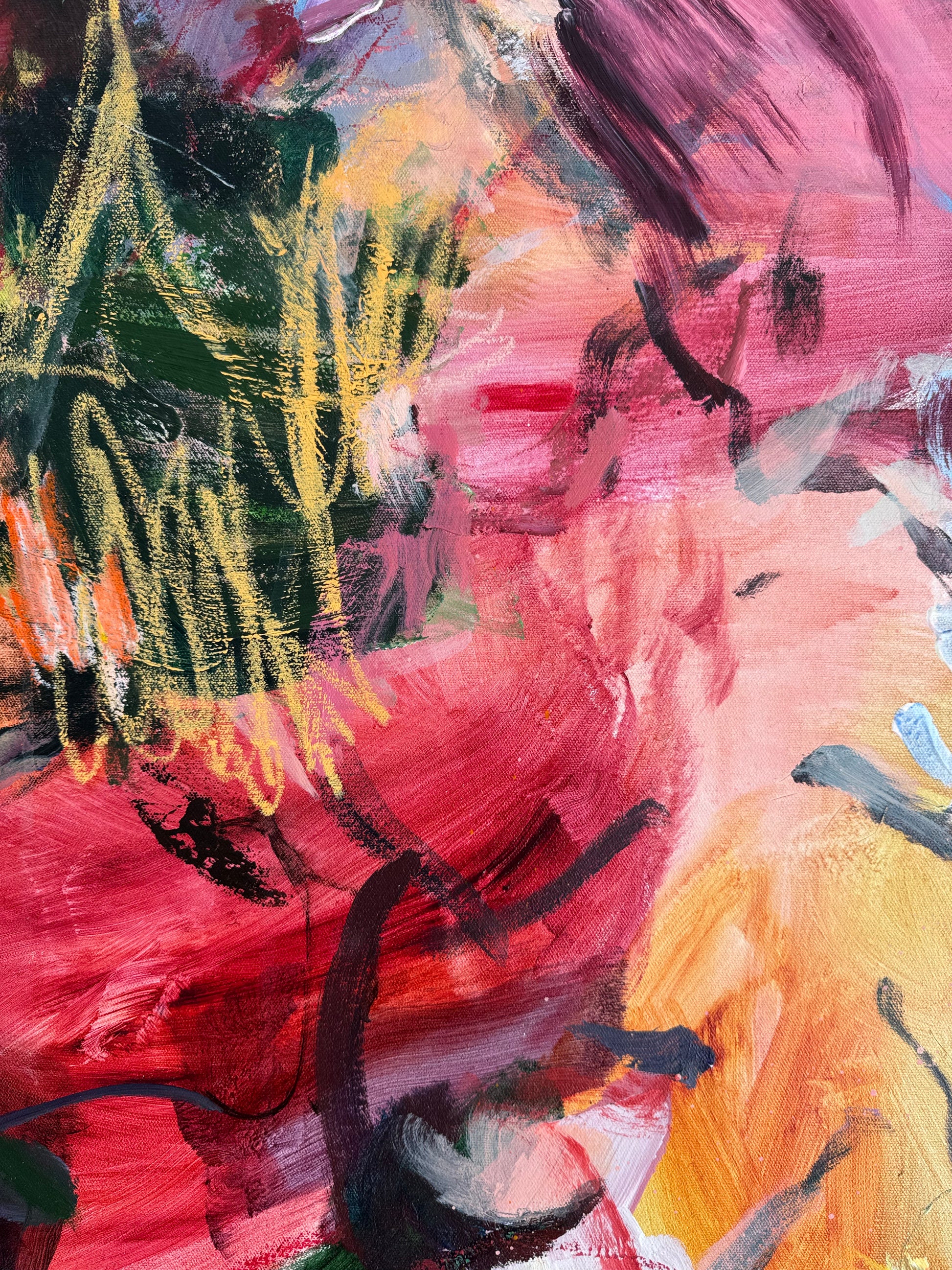 Detail of layered acrylic brushwork, drawn lines and overlapping colour in Color Before Language by Anna Rolskaya.