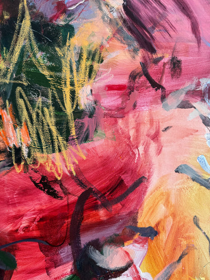 Detail of layered acrylic brushwork, drawn lines and overlapping colour in Color Before Language by Anna Rolskaya.
