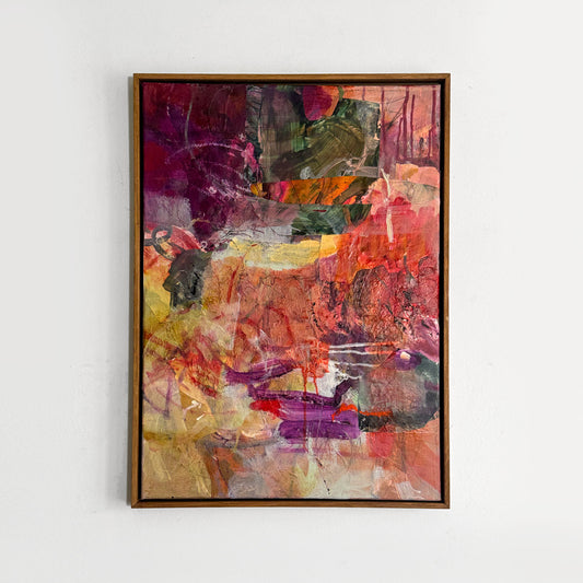 Front view of Dawn of Time by Anna Rolskaya, a framed 50 × 70 cm original abstract painting in magenta, coral, ochre and deep green.