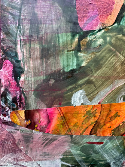 Detail of Dawn of Time showing deep green, olive, violet and orange layered brushwork and textured passages.