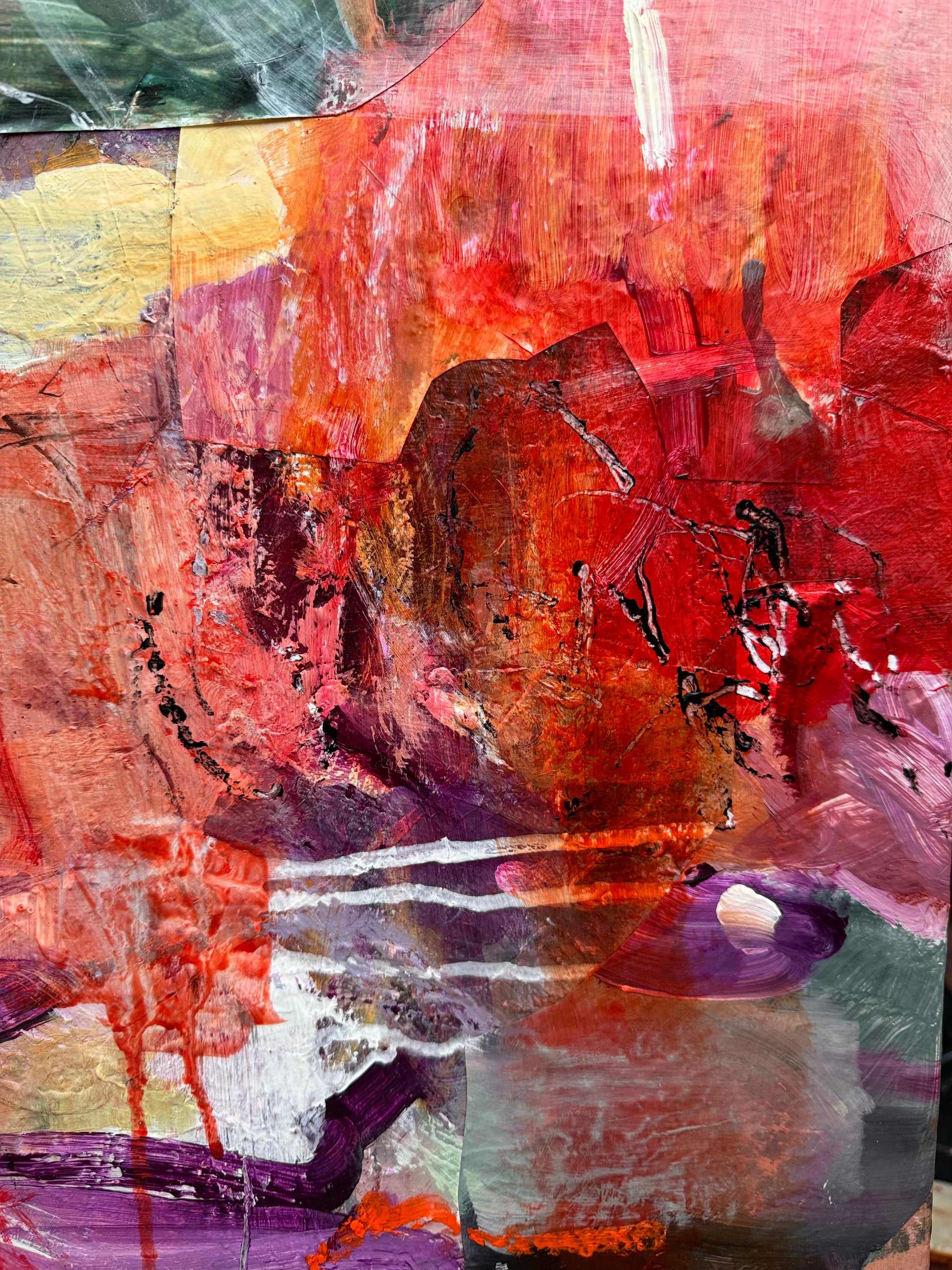 Detail of Dawn of Time showing layered crimson, coral, magenta and violet paint with fine white and black marks.