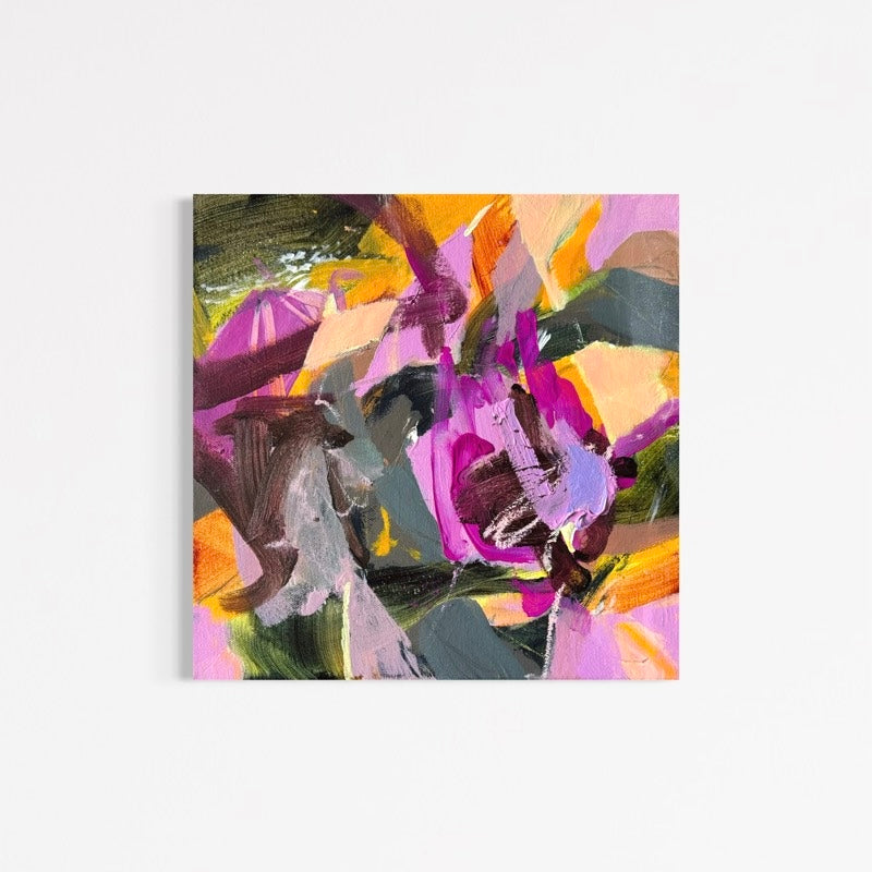 Echo by Anna Rolskaya, a square abstract acrylic painting in magenta, violet, orange, olive green and charcoal.