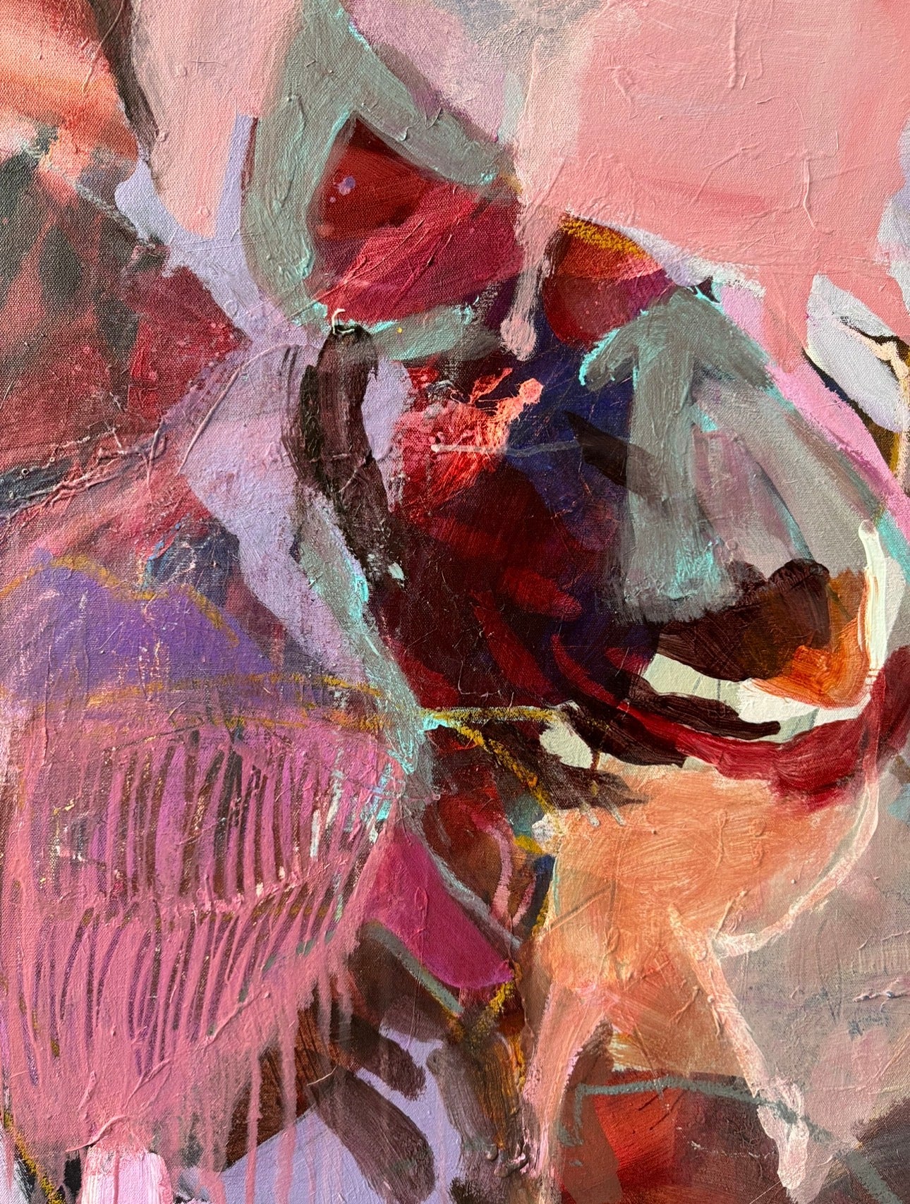 Detail of layered acrylic, oil pastel lines and overlapping pink, orange and violet forms in Ember by Anna Rolskaya.